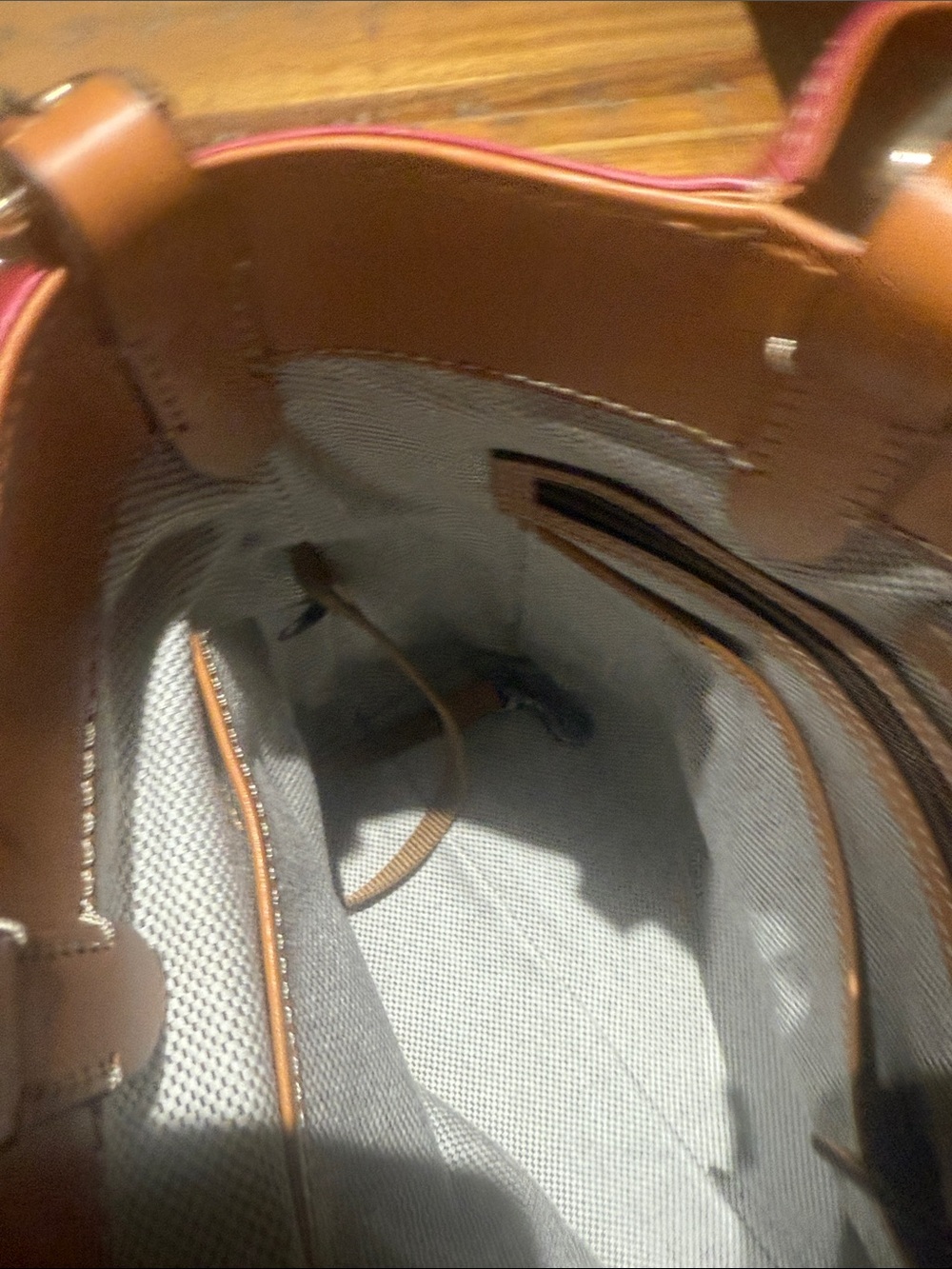 Dooney & Bourke Pink-Red Patent Satchel with Tan Trim - Picture 8 of 10